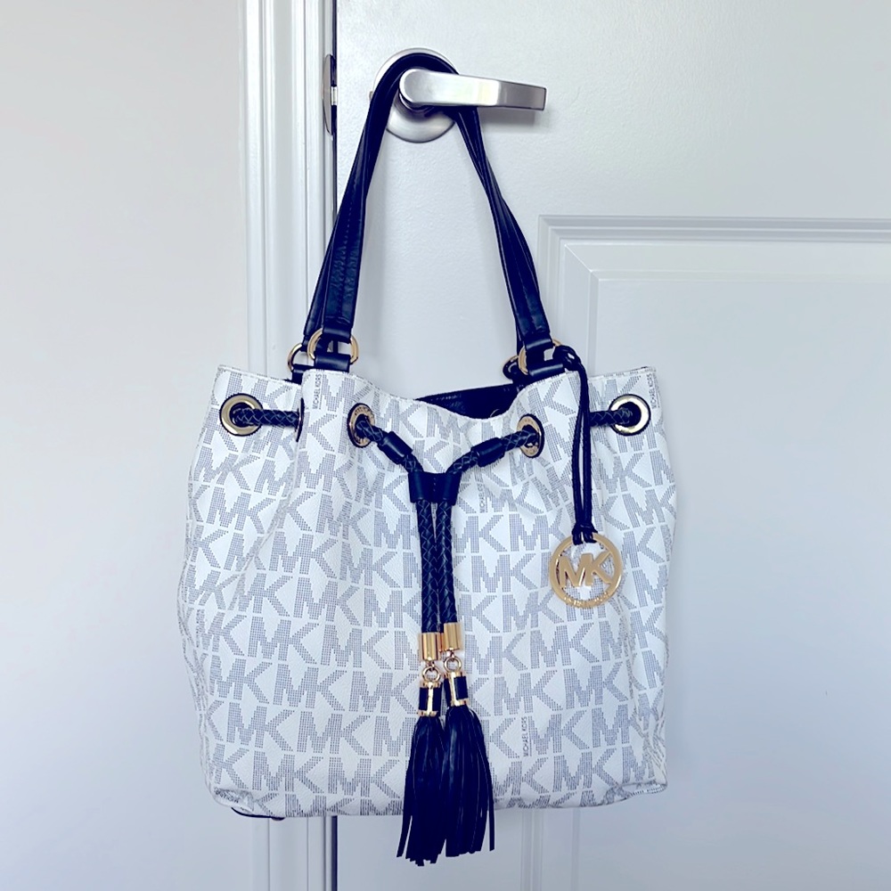 Michael Kors Bucket Bag Navy, white, and gold